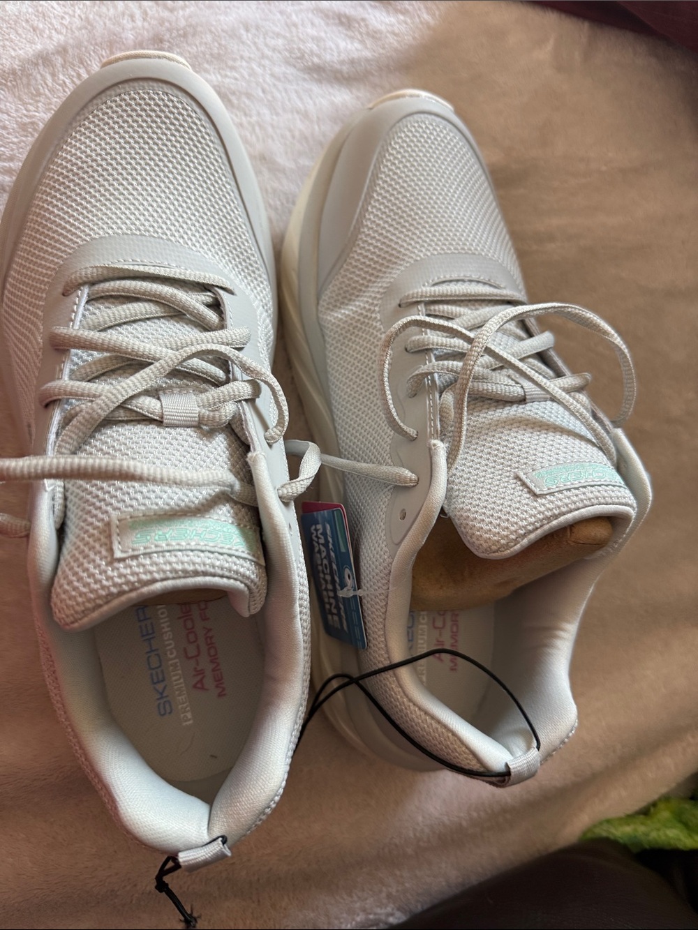 Skechers Cream-White Mesh Lace-Up Sneakers with Mint Accent